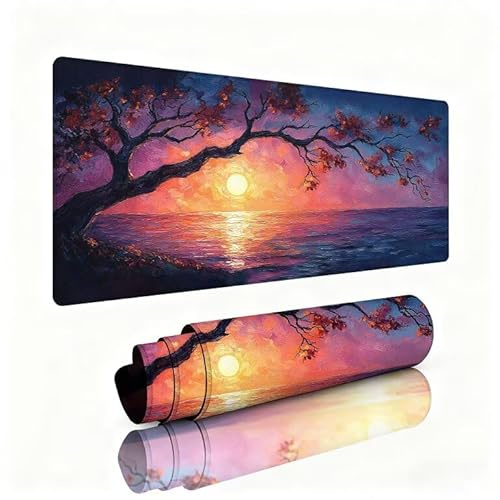 Mauspad Lone Tree Schreibtischunterlage Sonnenuntergang Gaming Mousepad XXL 900x400x3mm, Nahtdesign mit Rutschfester Gummibasis Unterlage Schreibtisch, Wasserdicht und Langlebig für PC Laptop W1-645