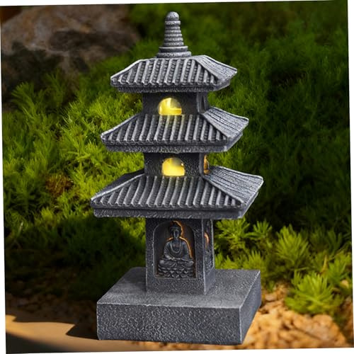 Bemonew Farol japonés Pagoda Estatua de jardín, 10 pulgadas, resistente a la intemperie, decoración solar de jardín, luz LED, linterna japonesa zen para patio, balcón, patio, césped, color gris