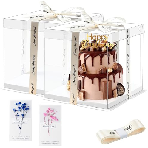 lafo Kuchen Transportbox, Tortenbox Hoch Transparent 30x30x25cm, Geschenkbox Durchsichtig mit Sockel, Weißes Satinband 2.5cm & 2 Grußkarten, Für Geburtstag Hochzeit Dessert (2, 25 * 30 * 30cm)