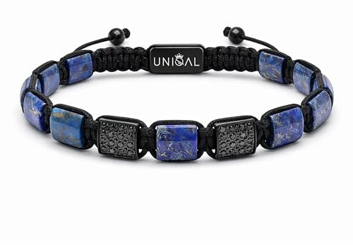 UNIQAL | Herren Armband Naturstein 8mm quadratisch facettierte Perlen | Zirkonia Elemente | Verstellbar Makramee | Tigerauge Onyx Lapislazuli Lava | Geschenk Schmuck