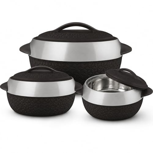 Insulated Hot Pot Set 3 Piece Black, Food Warmer Casserole Serving Bowls 1L 1.5L 2.5L with Stainless Steel Lining, Double Wall PU Insulation, Secure Lids & Handles for Rice, Curry, Soup