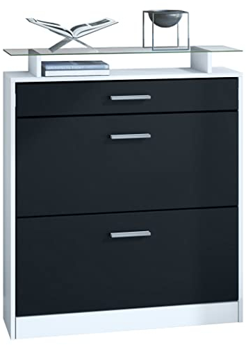Vladon Schuhschrank Loret 89 x 104 x 23 cm Schuhkipper für 16 Paar Schuhe mit 1 Schublade, 1 Glasablage, Farben Weiß matt & Schwarz matt