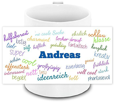 Tasse mit Namen Andreas und positiven Eigenschaften in Schreibschrift, weiss | Freundschafts-Tasse - Namens-Tasse