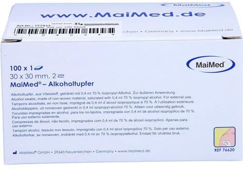 MAIMED Lot de 100 tampons alcoolisés en non-tissé Blanc 30 x 30 mm