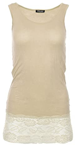 Easy Young Fashion - Damen Trägertop mit Spitzensaum - langes Unterziehshirt Skinny Fit 0518 (Beige M/L)