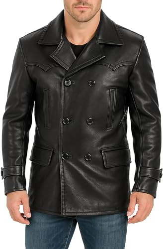 Fashion_First KRIEGSMARINE - Uniforme militaire de la Seconde Guerre mondiale - Officier de la marine allemande - Veste en cuir vieilli vintage - Caban, Noir , M