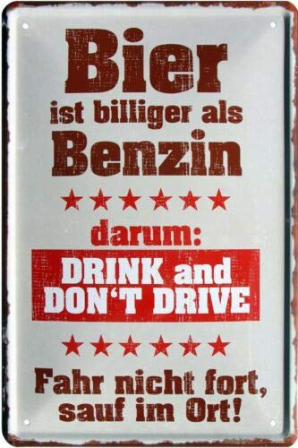 WOGEKA ART Retro Blechschild - Bier ist billiger als Benzin - witziger Spruch als Geschenk-Idee zum Geburtstag Weihnachten zur Dekoration 20x30 cm Vintage-Design aus Metall 1709