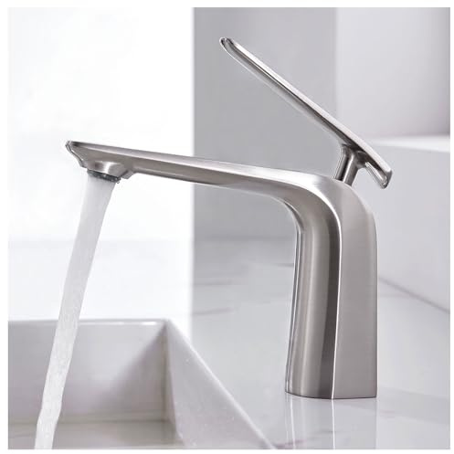 TOCALOCA 1 Handle Bathroom Faucet Brushed Nickel Sink Faucet, One Hole Bathroom Sink Faucet Modern Basin Mixer Taps, Premium Brass Vanity Faucet with Water Supply Hose