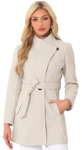Allegra K Women's Winter Elegant Stand Collar Long Sleeve Long Belted Coats Beige L