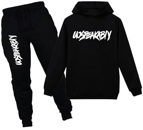 amropi Ragazzi 2 Pezzi Abbigliamento Set Tuta Felpa con Cappuccio e Jogging Pantaloni (Nero,11-12 Anni)