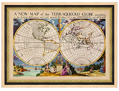 Poster e Stampa con Cornice Moderna - Mappa Mondo 1646 - Vintage Antica (403) - 70x100cm - Moderna Alto Spessore Legno Naturale Battuta Nera e Oro a Foglia Verde Smeraldo
