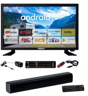 Antarion Pack TV LED 22 55cm Smart TV Camping 12V + Barre de Son Compacte
