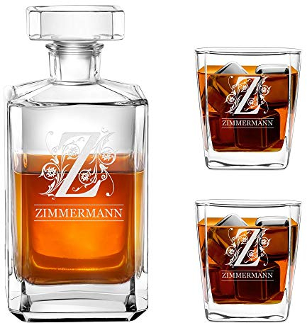 Maverton Whiskey Karaffe + 2/4 / 6er Whiskygläser Set mit Gravur - 700ml Whisky Dekanter - Geschenk zum Geburtstag für Damen - Buchstabe