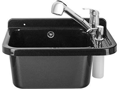 ADGO Fregadero de Cocina para el Hogar con Lavabo de Cámara Profunda con Batería, Grifo y Contenedor Dispensador de Jabón, para Jardín, Sótano de Garaje, Baños, Taller, Fábrica Industrial, 50cm Negro