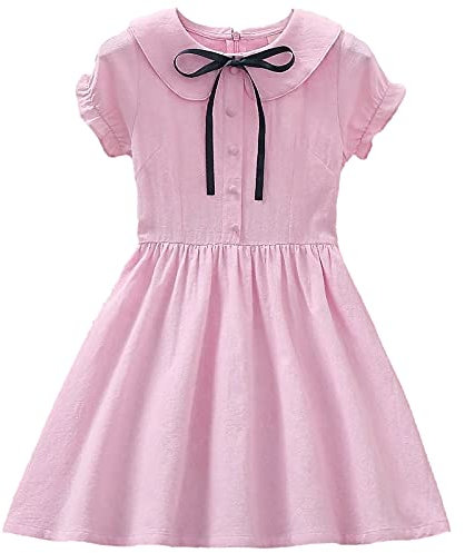 ammropi Ragazza Vestito Bambina Abiti Cotone Abito Estivi Manica Corta Cravatta a Farfalla Abbigliamento Rosa,9-10 Anni