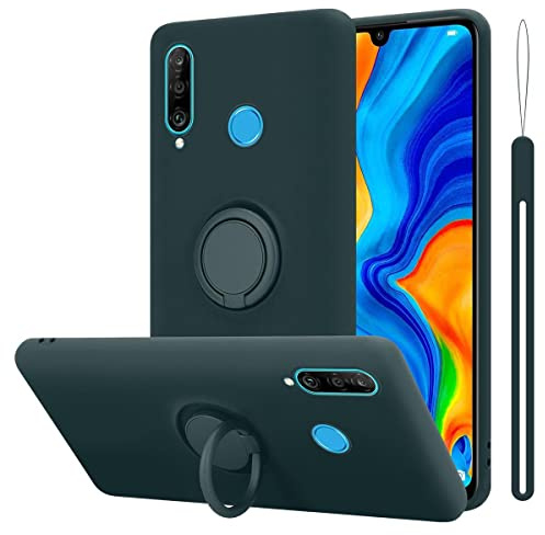 Cadorabo Hülle kompatibel mit Huawei P30 LITE Schutzhülle TPU Silikon Case Liquid Design mit Ring Slim Kratzfest Liquidsilikon Microfaser mit Rundumschutz Case Hülle für Huawei P30 LITE in Grün