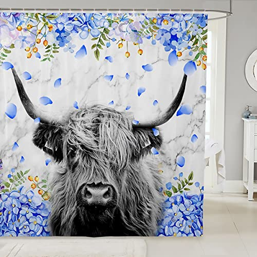 Highland Kuh Blume Stoff Duschvorhang Stier Rinder Duschvorhang für Kinder Jungen Mädchen Boho Marmor Grau Badezimmer Wasserdicht mit 12 Haken Western Lustiges Tier, 150 x 180 cm