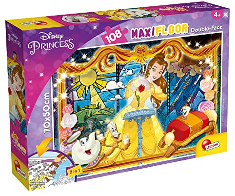 Lisciani - Disney Die Schöne und das Biest - Maxi Puzzle für Kinder ab 4 Jahren - 108 Teile - 2-in-1 Beidseitig mit Rückseite zum Ausmalen - 91775