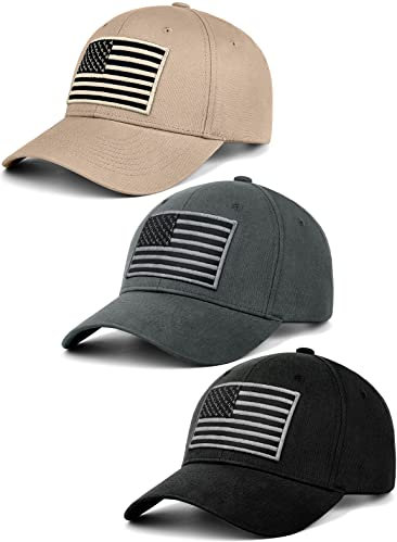 KIRAAT 3er-Pack Baseballkappe mit amerikanischer Flagge, Unisex, flaches Profil, USA, einfarbig, für Damen und Herren, Schwarz & Grau & Khaki, Einheitsgröße