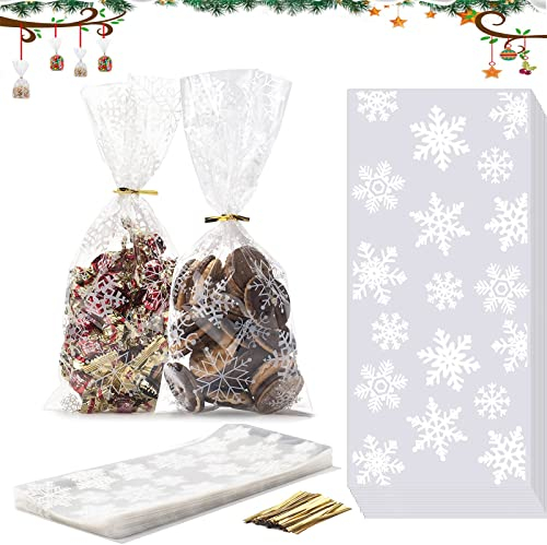 100 Stück Weihnachten Plätzchentüten,Cellophantüten Klar, Schneeflocke Süßigkeiten Tasche,schneeflocke Cellophantüten Mit 100stück Twist Krawatten (12.5 * 27.5cm)