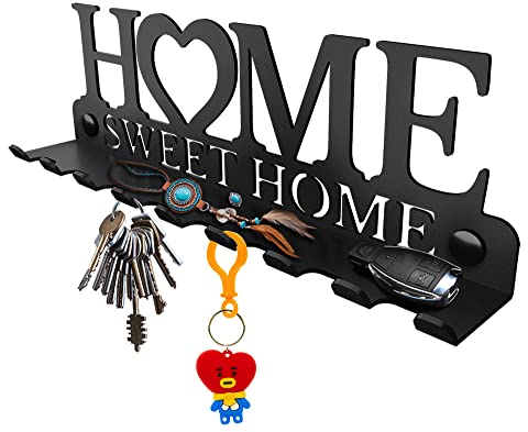 SirHoldeer Schlüsselbrett mit Ablage, Schlüsselhalter Wand, Schlüsselaufhänger mit Haken, Schlüsselhaken, Schlüsselboard mit Schlüsselablage, Home Sweet Home Flur Deko, Wanddeko Metall