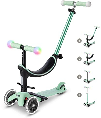Micro Mobility Micro Mini2Grow Deluxe Magic LED Scooter aus Glasfaserverstärktem Kunststoff in der Farbe Mint für Kleinkinder, MMD357