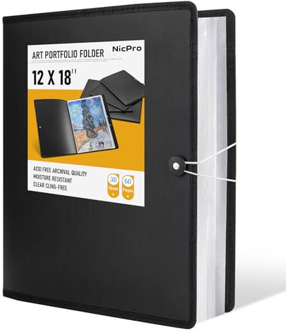 Nicpro 12x18 Art Portfolio Folder, 30 Pockets Display 60 Pages Art Painting Portfolio Binder with Clear Plastic Sleeves, Presentation Storage Book for Kids & Artists Artwork Drawing (Black)