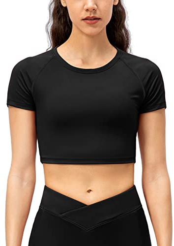 Damen Sport Fitness Workout Basic Kurzarm T-Shirts Kompression Betrieb Yoga Crop Tops Schwarz M