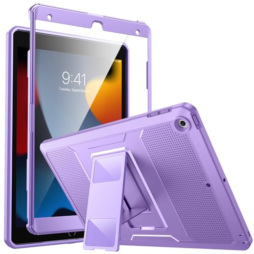 MoKo for iPad 10.2 Inch Case, Heavy Duty Shockproof Cover for iPad 9 & 8 Generation, Built-in Screen Protector, Purple