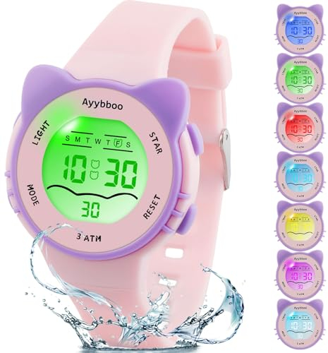 Ayybboo Orologio Bambino con 7 Luci Colorate,Orologio Digitale per Bambini Impermeabile 3ATM per Ragazze e Ragazzi 4 a 12 Anni Regalo (Rosa)