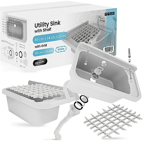Lavandino da Camera Lavabo Commerciale Industriale Profondo Esterno Giardino Garage Lavanderia Grigio Fabbrica 60 x 34 x 21 cm Bianco con Ripiano e Griglia 36 x 30 cm Polipropyleno Vasca Singola
