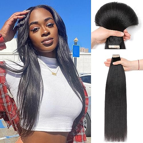 YDDM Schwarze Frauen tape extensions echthaar schwarz Yaki Straight Tape in haarverlängerung echthaar tapes unsichtbare extensions echthaar tape extensions echthaar 20 Zoll 60 stück 150G