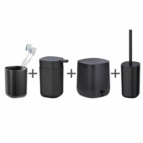 WENKO Bad-Accessoire Set 4-teilig, Seifenspender 350 ml & Zahnputzbecher | WC-Garnitur & 5 L Kosmetikeimer, Kunststoff PP, schwarz matt, Mod. Davos