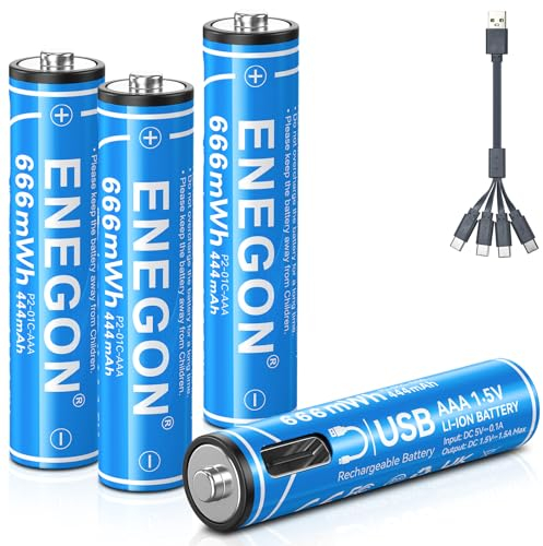 ENEGON AAA Batterie Ricaricabili 925mWh 1.5V Agli Ioni di Litio (4 pezzi), USB C AAA Ricaricabili Con Cavo di Ricarica 4-in-1 - Ricarica Tramite Tipo C, Non Richiede Caricabatterievvv