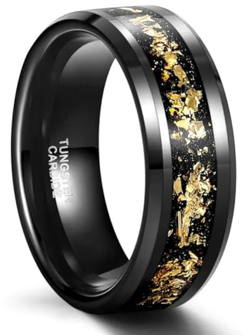 YAHOYA 8mm Wolframkarbid Stahlring Schwarz Intarsien 18K Gold Folie Ehering für Männer und Frauen Schmuck