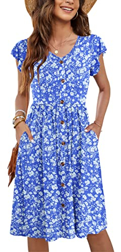 MOLERANI Freizeit Kleider Damen Rüschen Ärmel V-Ausschnitt Casual Swing Elastische Taille Midi Kleid mit Taschen Hellblau Weiß Floral L
