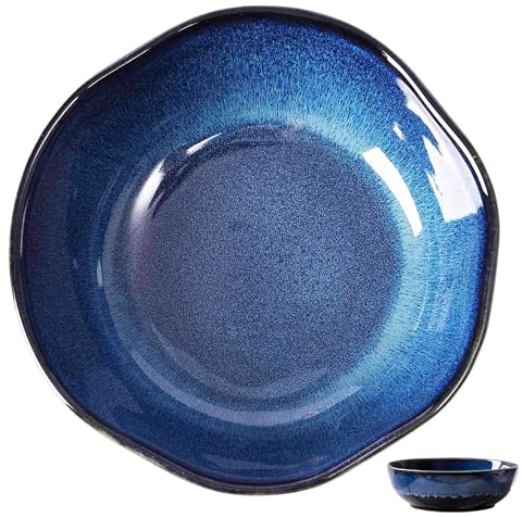 TYMYYS Ensaladera Grande De Cerámica, Sopera Japonesa Azul De 1600ml, Vajilla De Barro Vintage, Cuenco Para Servir 23x23x7.3cm