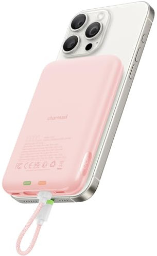 Charmast Power Bank, 20W Fast Charging Battery Pack with Built in USB C to iPhone Cable, 10000mAh Digital Display Non-Wireless Magnetic Portable Charger Compatible with iPhone Samsung and More(Pink)