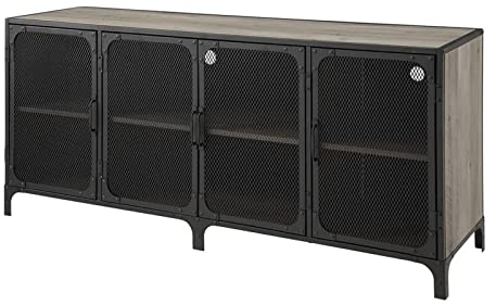 TV Schrank Fernsehschrank Vintage-TV-Ständer aus Kiefernholz mit Metallrahmen und Schranktür aus Netzstoff, TV-Schrank im Wohnzimmer-Industriestil, 55,1/62,9/70,8 Zoll Sideboard-Aufbewahrungsschrank T