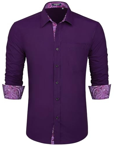 HISDERN Men's Long Sleeve Formal Plain Dress Shirt Casual Non Iron Business Classic Shirt with Pocket Purple M