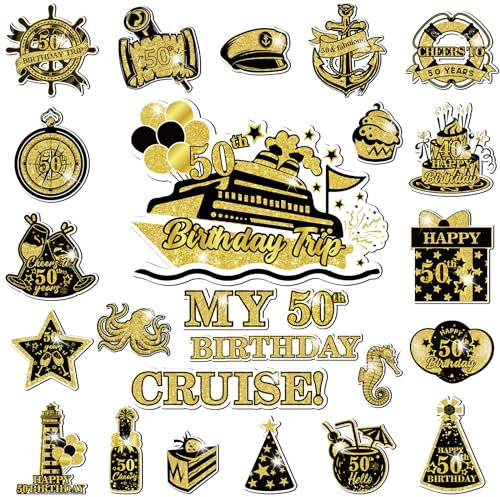 50th Birthday Cruise Door Magnets Decorations, Gold Black Happy 50th Birthday Cruise Ship Door Decor Magnetic for 50th Men Women Anniversary Party Supplies Favors Door Refrigerator Fridge Car Kitchen