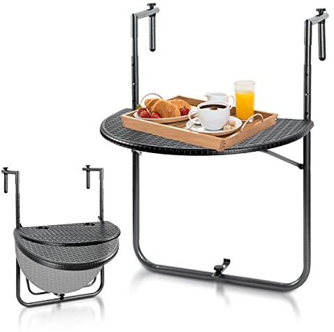 Tysobes Balkontisch klappbar Hängetisch, Balkonhängetisch klappbar mit 3-Fach höhenverstellbarer, Balkontisch zum Einhängen, Wetterfest Hängetisch Klapptisch BxT: 62 x 40 cm, Schwarz Rattan-Optik
