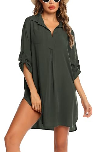 Ekouaer Strandkleid Damen Sommer Bikini Cover Up Sexy Beachwear Sommerkleid Transparent Strandhemd Shirt, Armeegrün, L