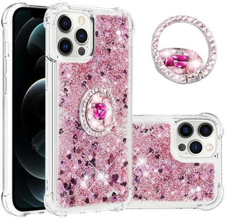 IMEIKONST iPhone 12 Pro Max Custodia con Cavalletto ad Anello, Brillantini Glitter Sabbie Mobili Cover Trasparente Rigida Silicone Bumper Case Custodie per iPhone 12 Pro Max. Amore Rosa YBZ