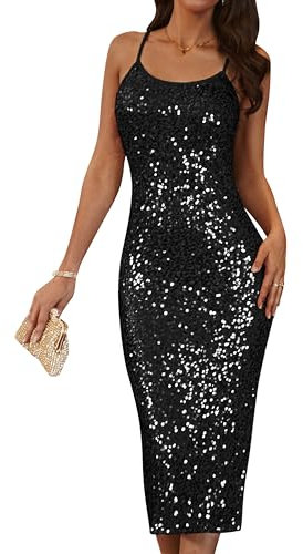 GRACE KARIN Damen Elegant Abendkleid Ärmellos Pailletten Bodycon Cocktailkleid Schwarz 36