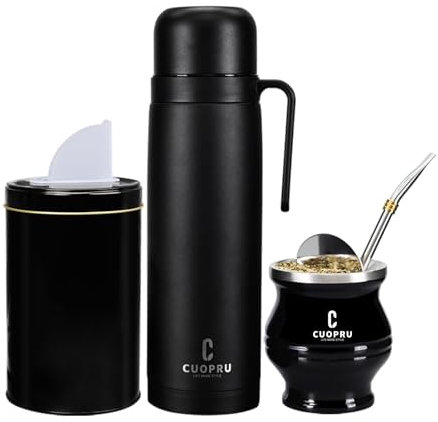 Cuopru Yerba Mate Kit Premium in acciaio inox, zucca, bottiglia isolata da 960 ml, contenitore, bombilla, spazzola per la pulizia, set filtro per tè, nero opaco