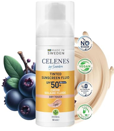 Celenes by Sweden Fluide Solaire Teinté, Toucher Sec aux Herbe SPF 50 - Creme Solaire 50 Protection Large Spectre, Toutes Peaux, Creme Solaire Visage Contre La Lumière Bleue, Végan Crème Solaire 50 ml