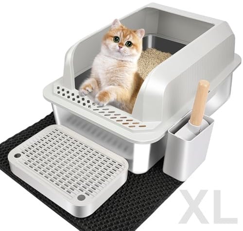 Vivifying Extra Large Grey Stainless Steel Cat Litter Box, Easy to Clean and Odour-Resistant Metal Cat Litter Tray with Lid, Leak-Proof, 55 x 35 x 30 cm