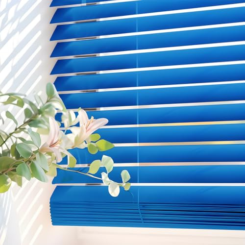Jalousien für Fenster innen aus Vinyl-PVC auch für Türen 105x160 cm Blau | Einfache Montage mit Bohren an Wand oder Decke. Reguliert Licht und Sichtschutz. Selbstarretierender Schnurzug StoresDeco