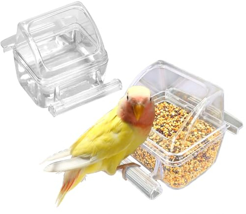 2 Pack Bird Feeder Bowl Clear Water Container Bird Cage Dish Parakeet Hanging Food Cup for Cage Plastic Parakeet Feeder with Perch